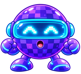 Pixel, retro purple robot with a visor