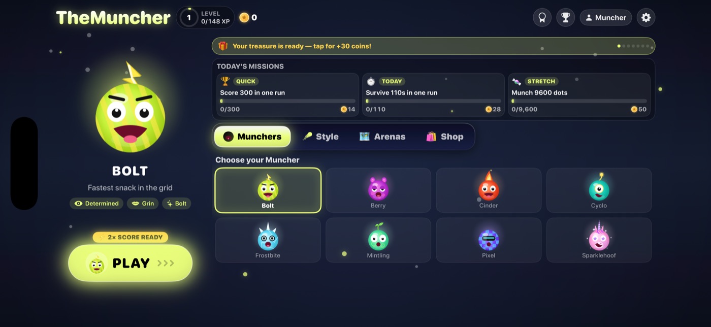 TheMuncher lobby with level bar, daily coins and character select
